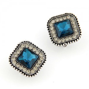 Classical Style Square Gem Studs Rim Ear Studs - Blue