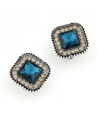 Classical Style Square Gem Studs Rim Ear Studs - Blue