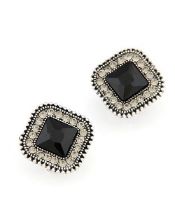 Classical Style Square Gem Studs Rim Ear Studs - Black