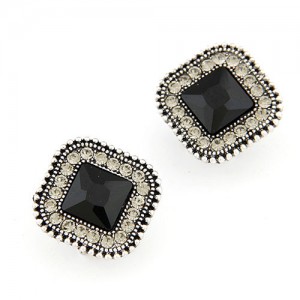Classical Style Square Gem Studs Rim Ear Studs - Black