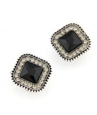 Classical Style Square Gem Studs Rim Ear Studs - Black
