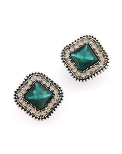Classical Style Square Gem Studs Rim Ear Studs - Green