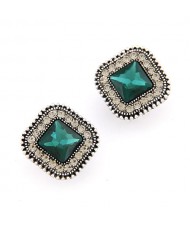 Classical Style Square Gem Studs Rim Ear Studs - Green
