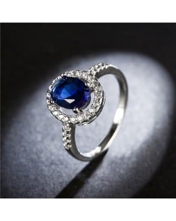 Crystal Sunflower Design Platinum Ring - Blue