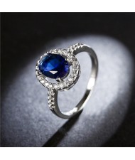 Crystal Sunflower Design Platinum Ring - Blue