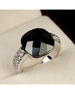 Square Black Crystal Inlaid Platinum Plated Ring