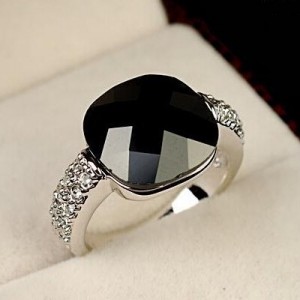 Square Black Crystal Inlaid Platinum Plated Ring