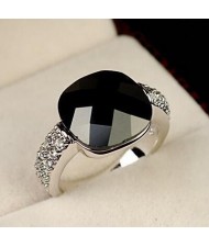 Square Black Crystal Inlaid Platinum Plated Ring