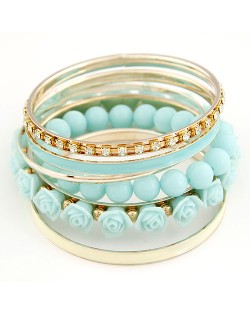 Rhinestones Inlaid Hoop Roses Decorated and Balls Element Multi-layer Fashion Bangle - Blue