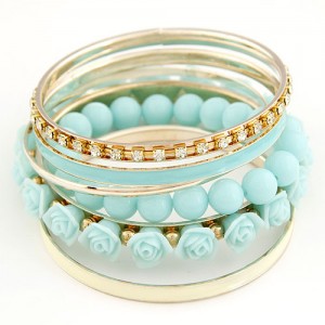 Rhinestones Inlaid Hoop Roses Decorated and Balls Element Multi-layer Fashion Bangle - Blue