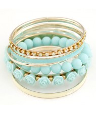 Rhinestones Inlaid Hoop Roses Decorated and Balls Element Multi-layer Fashion Bangle - Blue