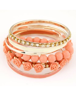 Rhinestones Inlaid Hoop Roses Decorated and Balls Element Multi-layer Fashion Bangle - Rose