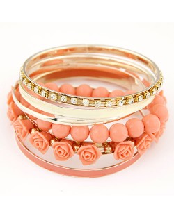 Rhinestones Inlaid Hoop Roses Decorated and Balls Element Multi-layer Fashion Bangle - Rose