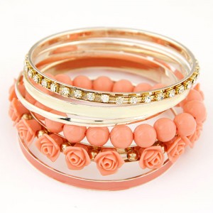 Rhinestones Inlaid Hoop Roses Decorated and Balls Element Multi-layer Fashion Bangle - Rose