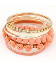Rhinestones Inlaid Hoop Roses Decorated and Balls Element Multi-layer Fashion Bangle - Rose