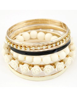 Rhinestones Inlaid Hoop Roses Decorated and Balls Element Multi-layer Fashion Bangle - White