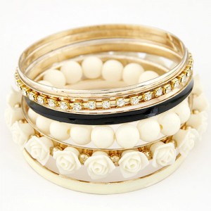 Rhinestones Inlaid Hoop Roses Decorated and Balls Element Multi-layer Fashion Bangle - White