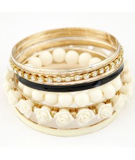 Rhinestones Inlaid Hoop Roses Decorated and Balls Element Multi-layer Fashion Bangle - White
