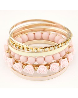 Rhinestones Inlaid Hoop Roses Decorated and Balls Element Multi-layer Fashion Bangle - Pink