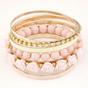 Rhinestones Inlaid Hoop Roses Decorated and Balls Element Multi-layer Fashion Bangle - Pink