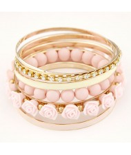 Rhinestones Inlaid Hoop Roses Decorated and Balls Element Multi-layer Fashion Bangle - Pink