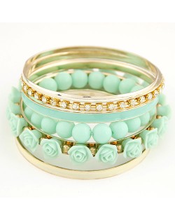 Rhinestones Inlaid Hoop Roses Decorated and Balls Element Multi-layer Fashion Bangle - Green
