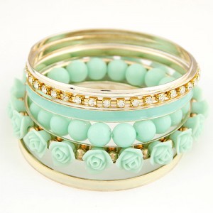 Rhinestones Inlaid Hoop Roses Decorated and Balls Element Multi-layer Fashion Bangle - Green