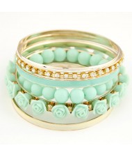 Rhinestones Inlaid Hoop Roses Decorated and Balls Element Multi-layer Fashion Bangle - Green