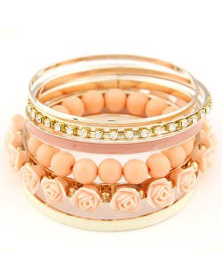 Rhinestones Inlaid Hoop Roses Decorated and Balls Element Multi-layer Fashion Bangle - Light Orange