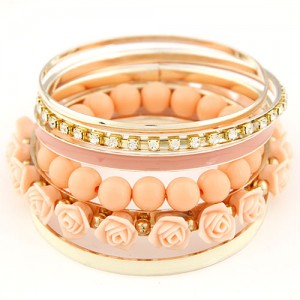 Rhinestones Inlaid Hoop Roses Decorated and Balls Element Multi-layer Fashion Bangle - Light Orange
