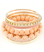 Rhinestones Inlaid Hoop Roses Decorated and Balls Element Multi-layer Fashion Bangle - Light Orange