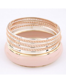 Korean Classic Style Plain Glossy Surface and Weaving Hoops Combo Bangle - Pink