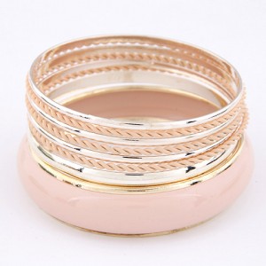 Korean Classic Style Plain Glossy Surface and Weaving Hoops Combo Bangle - Pink