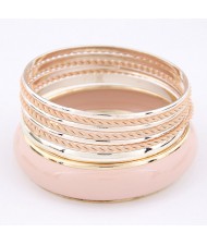 Korean Classic Style Plain Glossy Surface and Weaving Hoops Combo Bangle - Pink