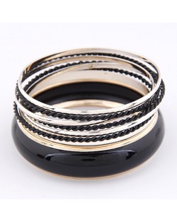 Korean Classic Style Plain Glossy Surface and Weaving Hoops Combo Bangle - Black