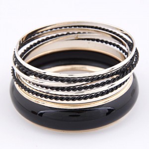 Korean Classic Style Plain Glossy Surface and Weaving Hoops Combo Bangle - Black