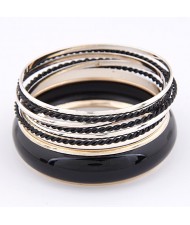 Korean Classic Style Plain Glossy Surface and Weaving Hoops Combo Bangle - Black