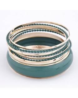 Korean Classic Style Plain Glossy Surface and Weaving Hoops Combo Bangle - Ink Green