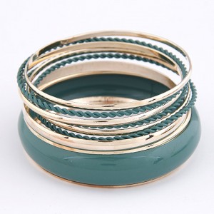 Korean Classic Style Plain Glossy Surface and Weaving Hoops Combo Bangle - Ink Green