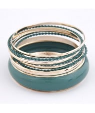 Korean Classic Style Plain Glossy Surface and Weaving Hoops Combo Bangle - Ink Green