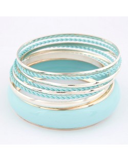 Korean Classic Style Plain Glossy Surface and Weaving Hoops Combo Bangle - Sky Blue