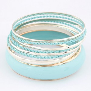 Korean Classic Style Plain Glossy Surface and Weaving Hoops Combo Bangle - Sky Blue