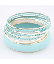 Korean Classic Style Plain Glossy Surface and Weaving Hoops Combo Bangle - Sky Blue