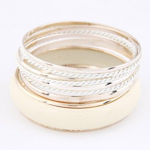 Korean Classic Style Plain Glossy Surface and Weaving Hoops Combo Bangle - White