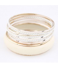 Korean Classic Style Plain Glossy Surface and Weaving Hoops Combo Bangle - White