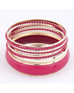 Korean Classic Style Plain Glossy Surface and Weaving Hoops Combo Bangle - Rose