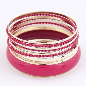 Korean Classic Style Plain Glossy Surface and Weaving Hoops Combo Bangle - Rose