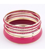 Korean Classic Style Plain Glossy Surface and Weaving Hoops Combo Bangle - Rose