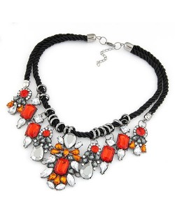 Vintage Court Rhinestones Floral Combo Weaving Rope Necklace - Red