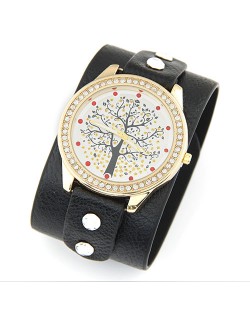 Rhinestone Embellished Lucky Tree Face Wide Style Leather Wrist Watch - Black